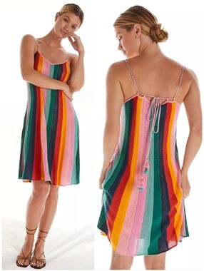 FARM Rio Rainbow Striped Knit Crochet Dress, S